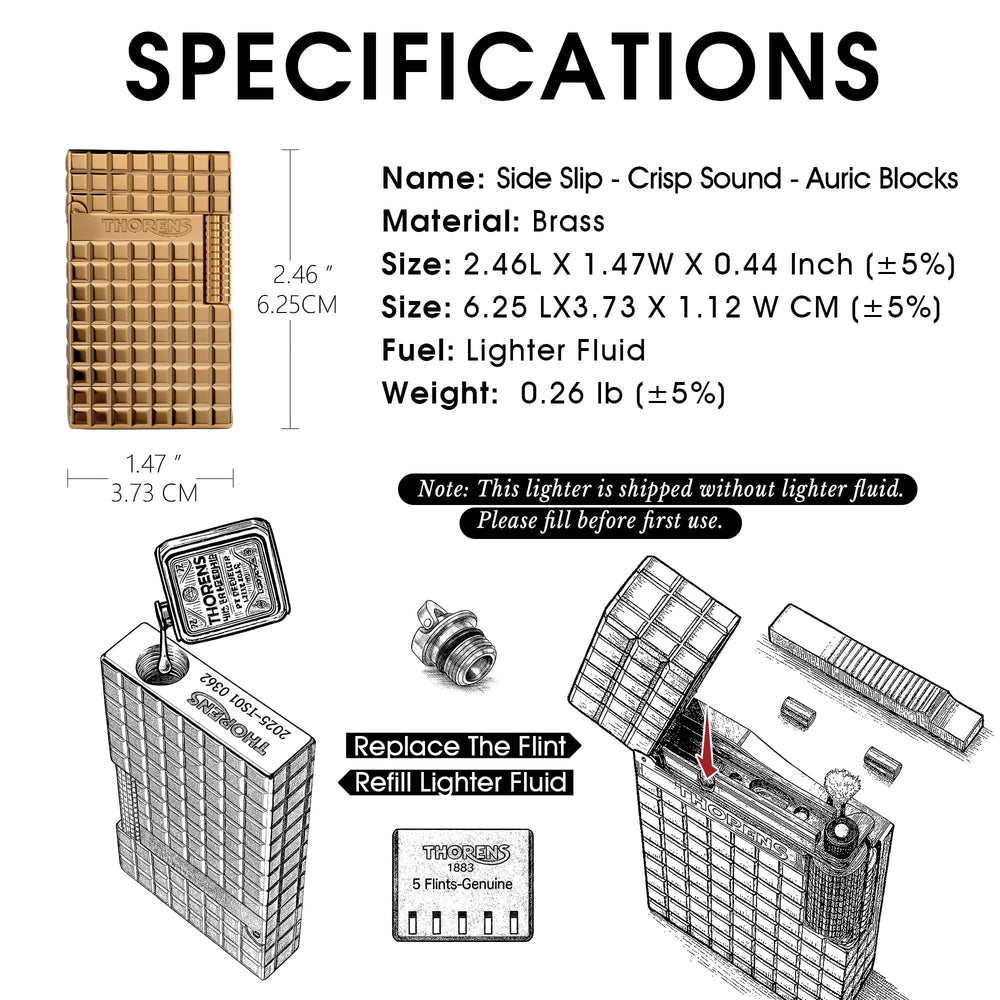 A technical data sheet for the gold Thorens Auric Blocks lighter, detailing its brass construction, dimensions, and weight, alongside illustrated steps for refilling fluid and replacing flints.