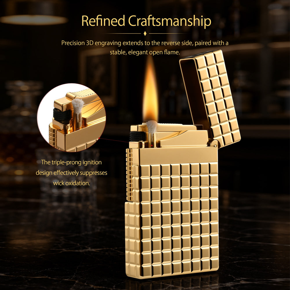 A technical data sheet for the gold Thorens Auric Blocks lighter, detailing its brass construction, dimensions, and weight, alongside illustrated steps for refilling fluid and replacing flints.