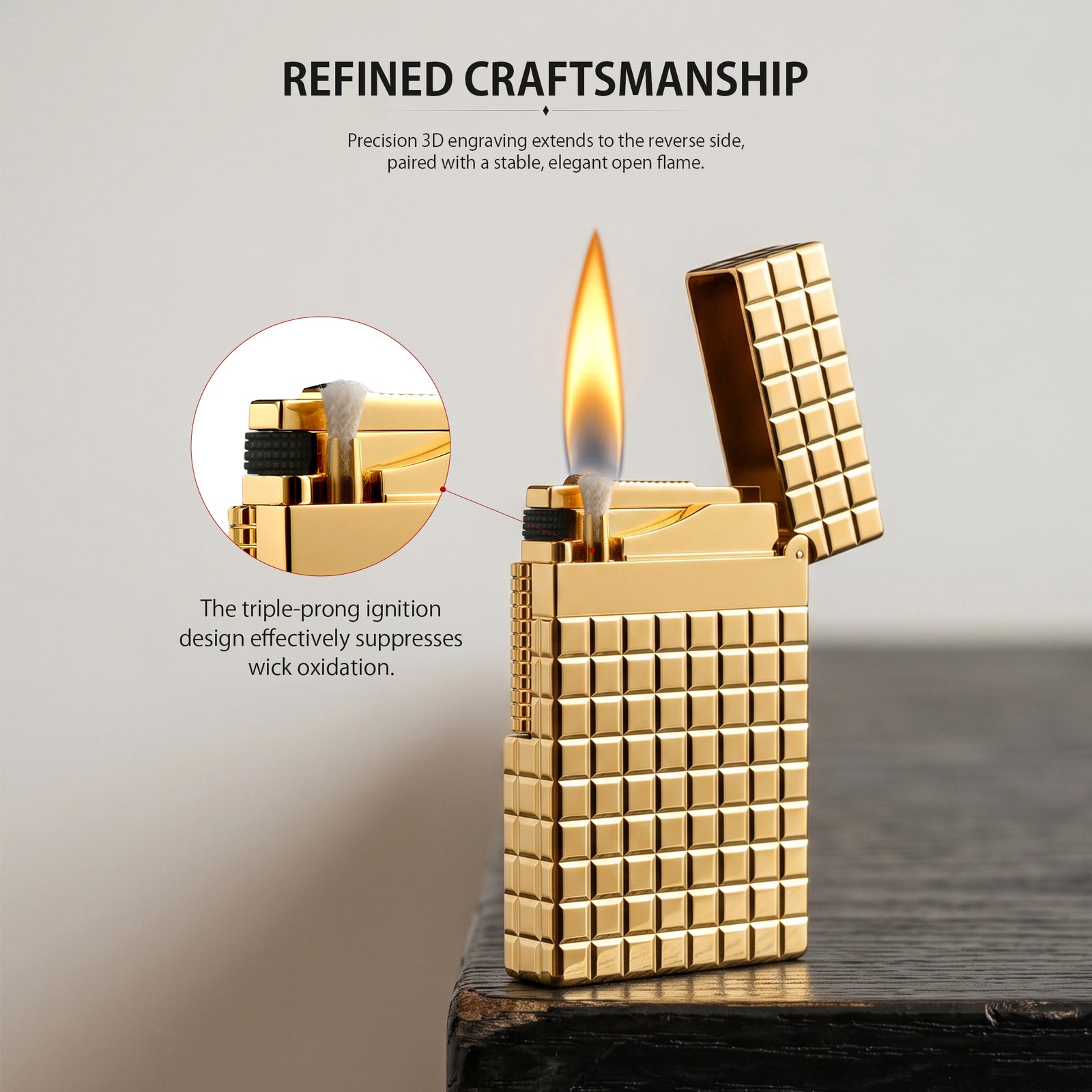 A technical data sheet for the gold Thorens Auric Blocks lighter, detailing its brass construction, dimensions, and weight, alongside illustrated steps for refilling fluid and replacing flints.