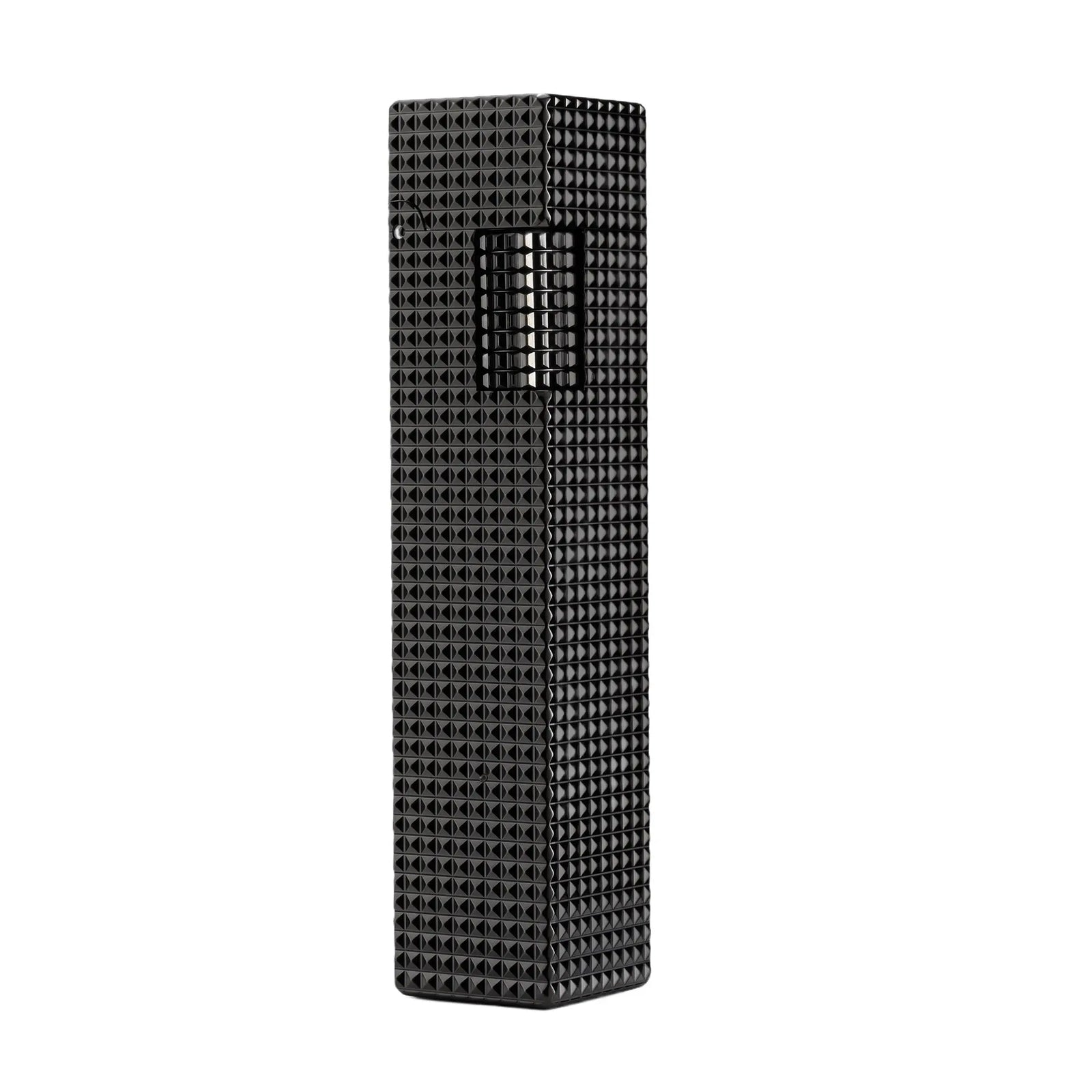 A slender, rectangular Thorens side-slip lighter in a polished black finish, featuring a full-body small square hobnail texture.