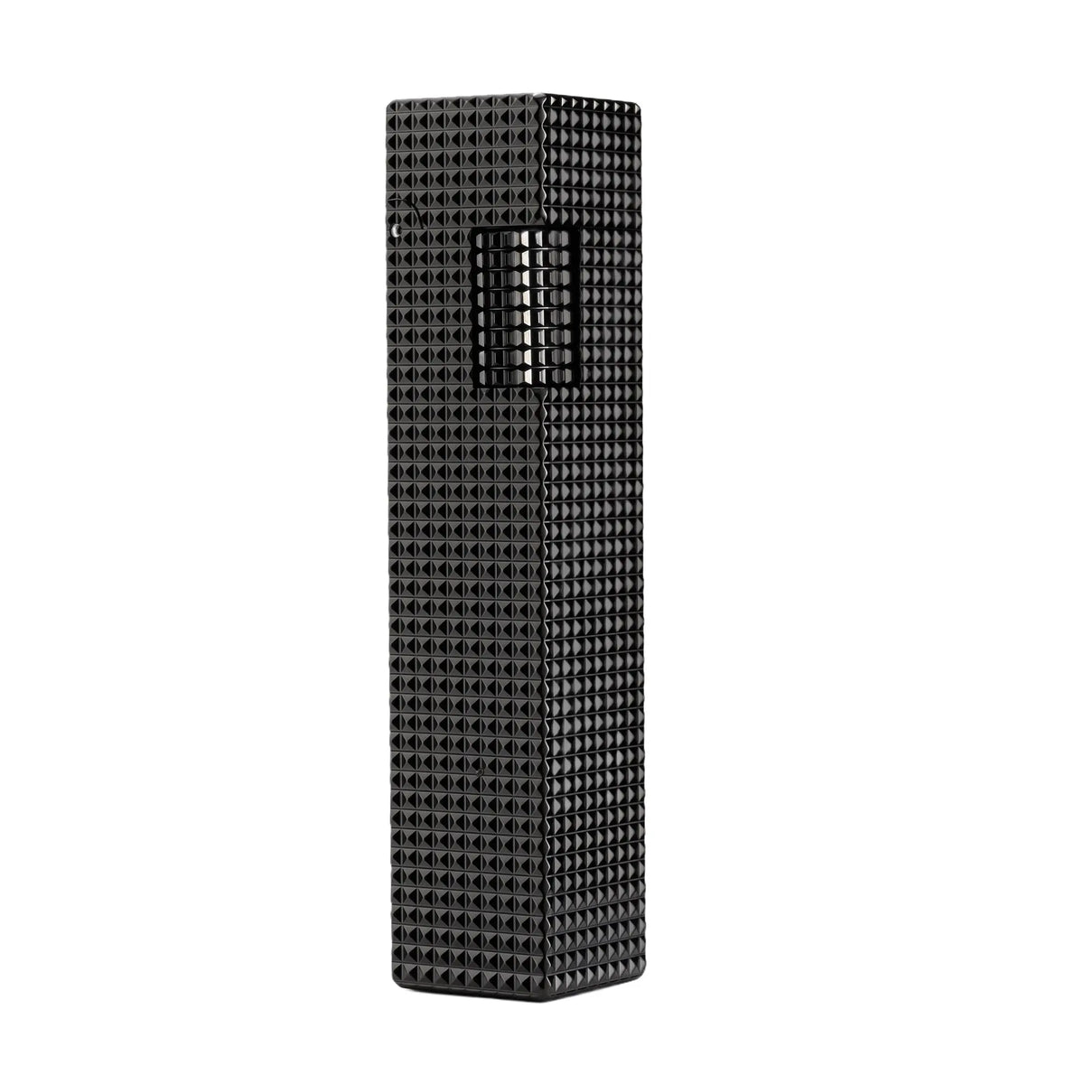 A slender, rectangular Thorens side-slip lighter in a polished black finish, featuring a full-body small square diamond-cut texture.
