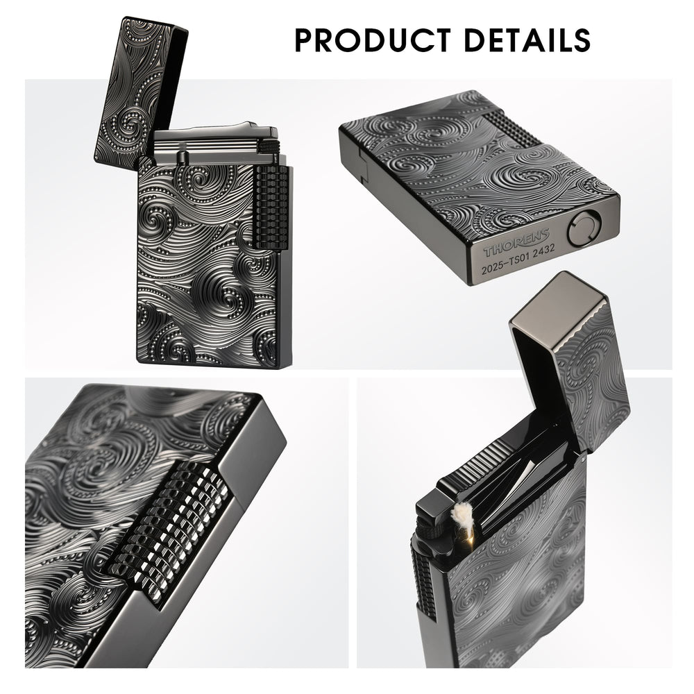 A product detail collage of the black Thorens Side Slip lighter with Vortex engraving, showing the open lid mechanism, the engraved base with serial number, the precision-knurled side-slip flint wheel, and the internal wick housing, showcasing premium mechanical craftsmanship.