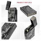 A product detail collage of the black Thorens Side Slip lighter with Vortex engraving, showing the open lid mechanism, the engraved base with serial number, the precision-knurled side-slip flint wheel, and the internal wick housing, showcasing premium mechanical craftsmanship.