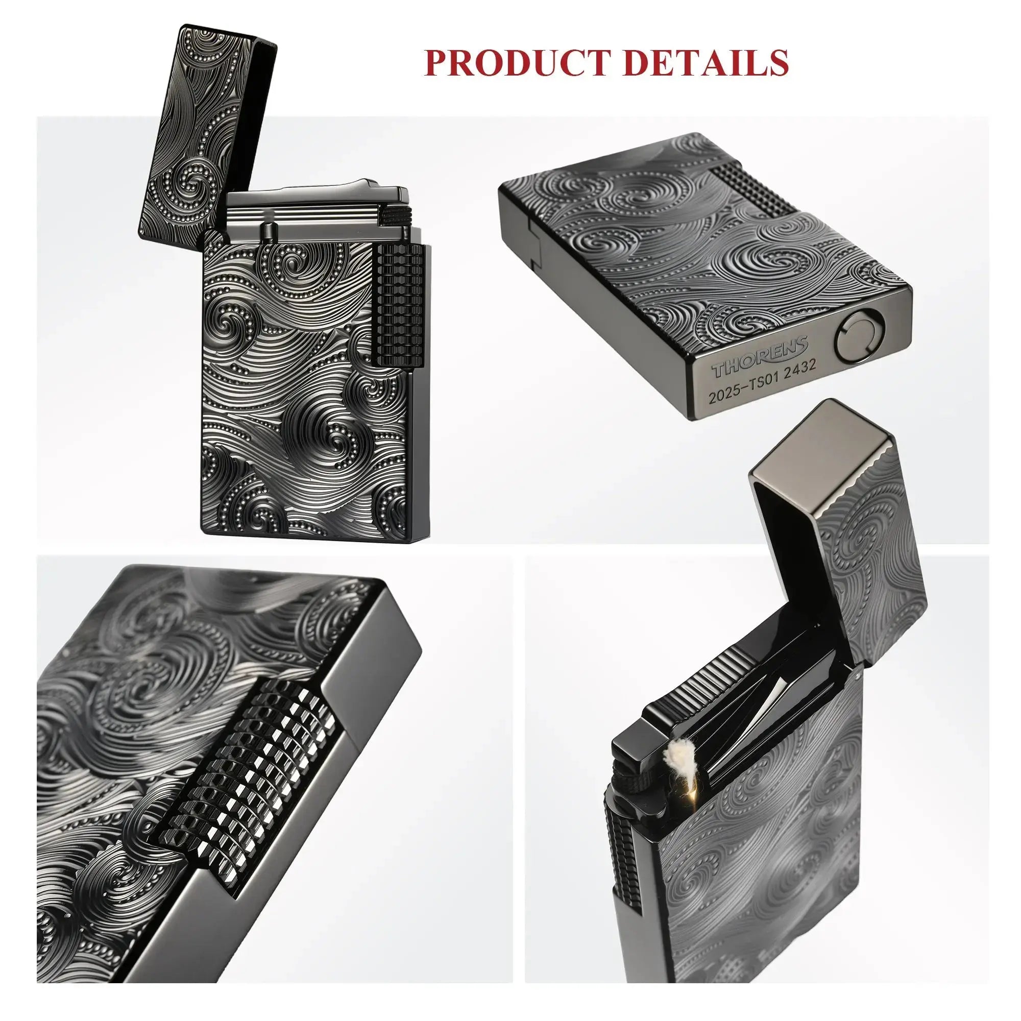 A product detail collage of the black Thorens Side Slip lighter with Vortex engraving, showing the open lid mechanism, the engraved base with serial number, the precision-knurled side-slip flint wheel, and the internal wick housing, showcasing premium mechanical craftsmanship.