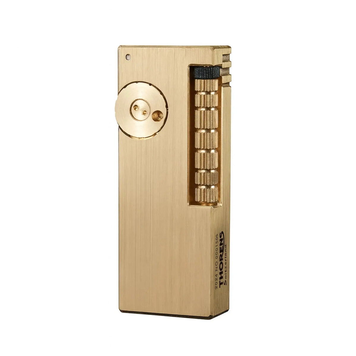 A closed Thorens Side Slip lighter in glossy brushed brass, highlighting the iconic mechanical flint wheel and the "Thorens Switzerland" engraving on the premium metal body.