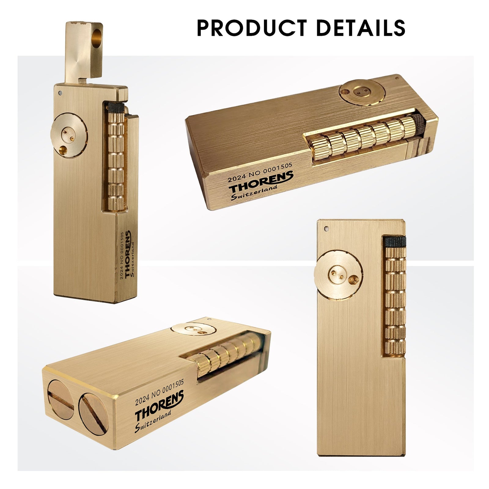 A comprehensive product detail view of the Thorens Side Slip lighter in glossy brass, displaying the mechanical flint wheel, the open ignition lid, and the precision bottom screws.
