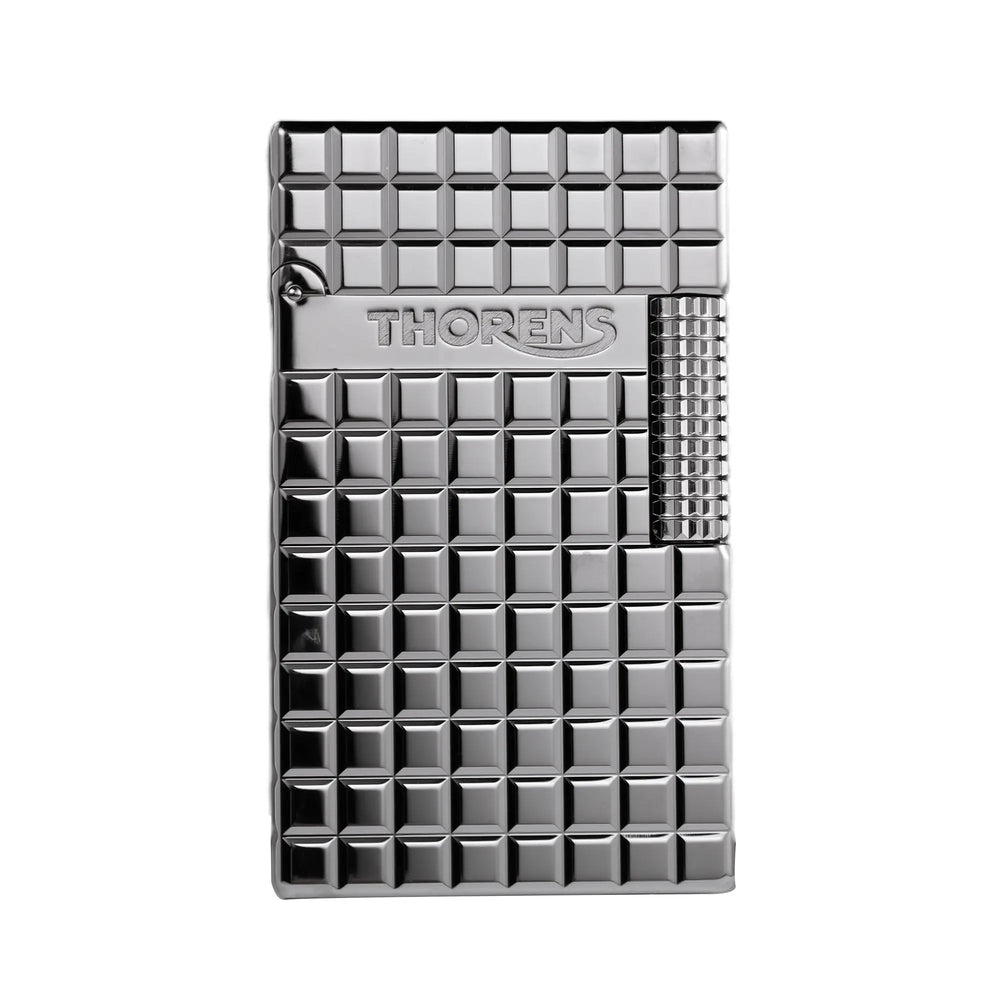 A Thorens Side Slip lighter with a metallic argent block grid pattern, featuring the engraved Thorens logo and a polished knurled roller.