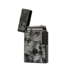 Front view of a Thorens Side Slip Crisp Sound lighter in black with vortex engraved detailing, open lid, side-slip ignition wheel, and sculpted metal texture against a clean background