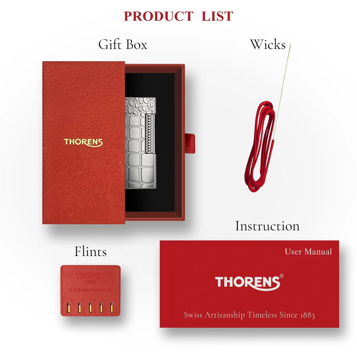 A narrow Thorens side slip lighter with crocodile pattern texture displayed with a red gift box, replacement wicks, flints, and an instruction manual.