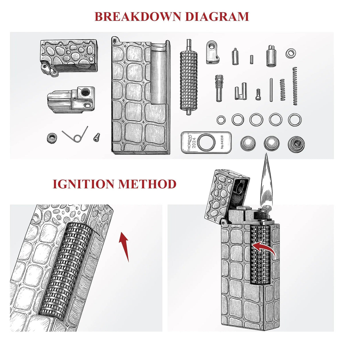 A technical breakdown diagram and ignition method guide for the Thorens narrow side slip lighter, showcasing individual mechanical components and crocodile texture.