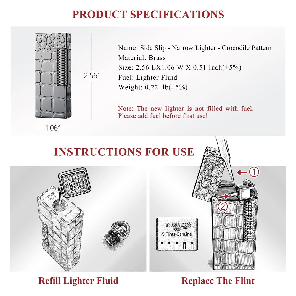 A technical manual for the Thorens narrow lighter featuring crocodile pattern brass, product dimensions, and refill instructions for fluid and flints.