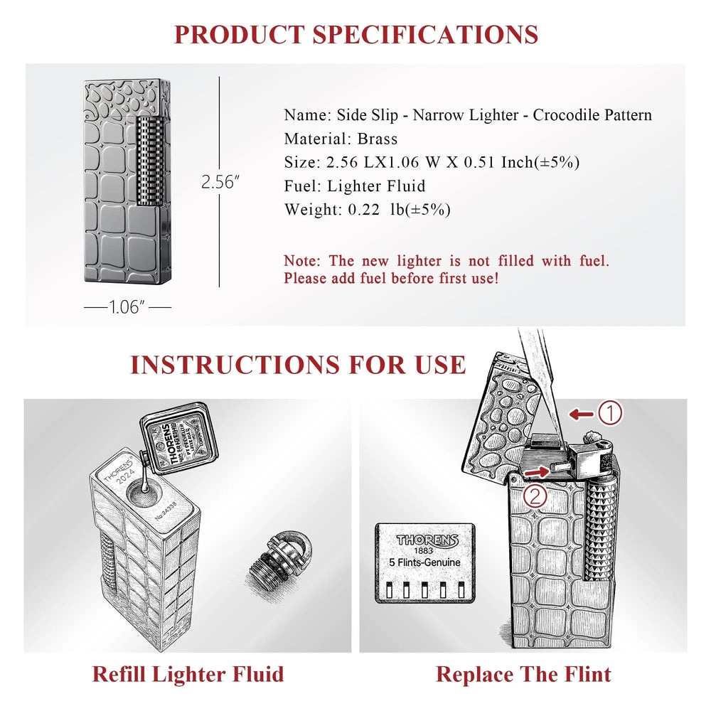 A technical manual for the Thorens narrow lighter featuring crocodile pattern brass, product dimensions, and refill instructions for fluid and flints.