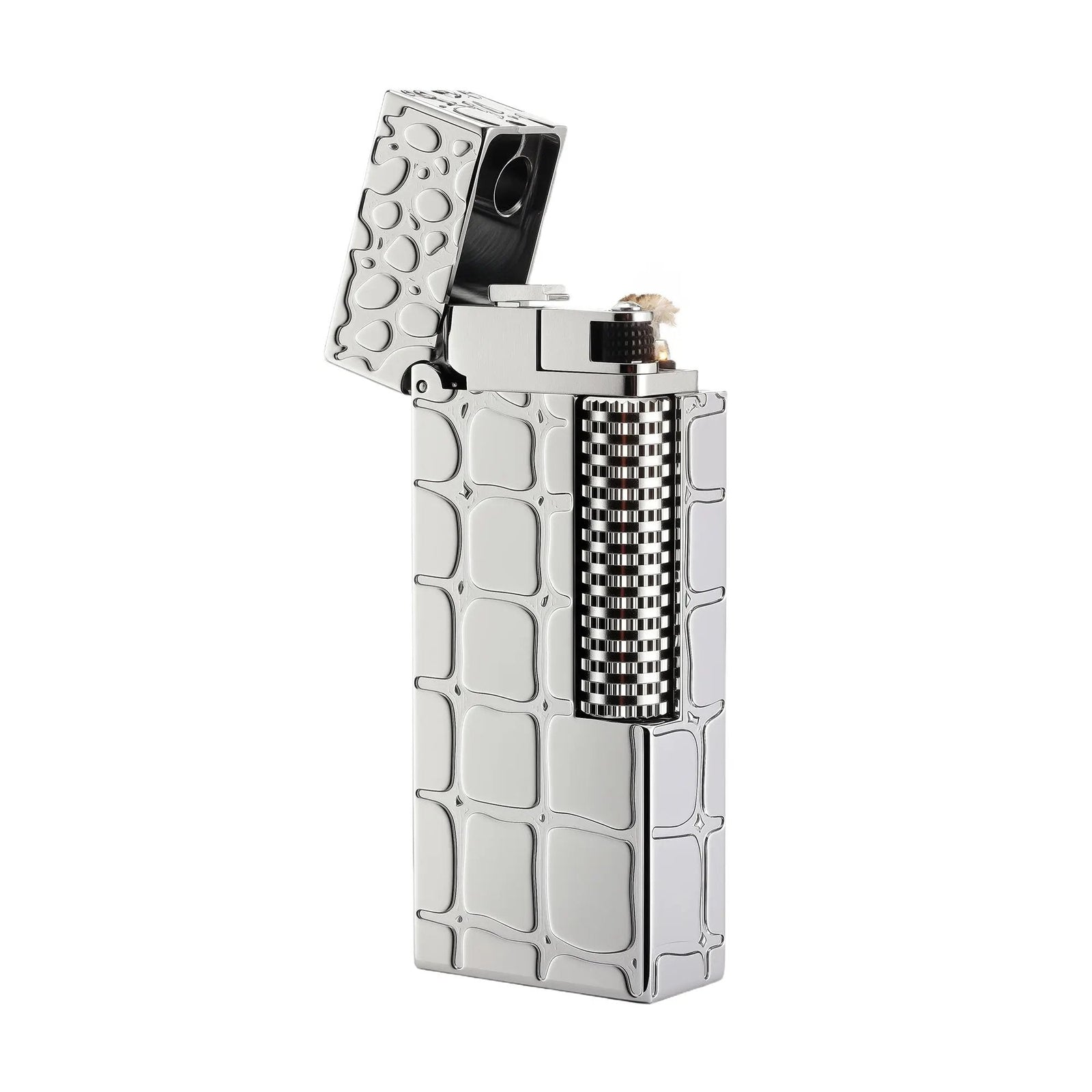 A narrow Thorens side slip lighter in polished silver with a crocodile pattern, standing with its lid open and flame lit, against a pure white background.
