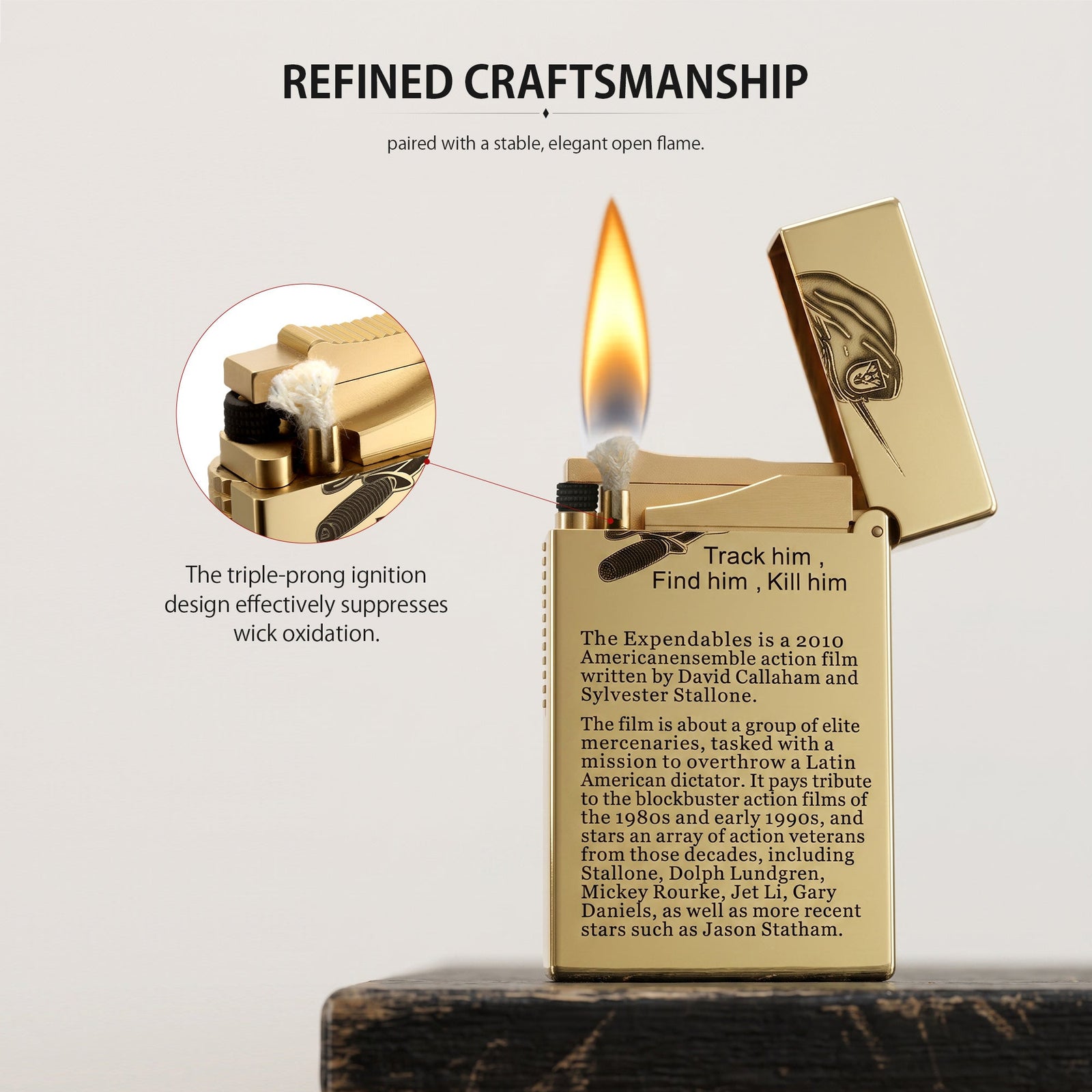 A gold Side Slip lighter featuring an etched tribute to The Expendables film, displayed on a black and white checkered chessboard.