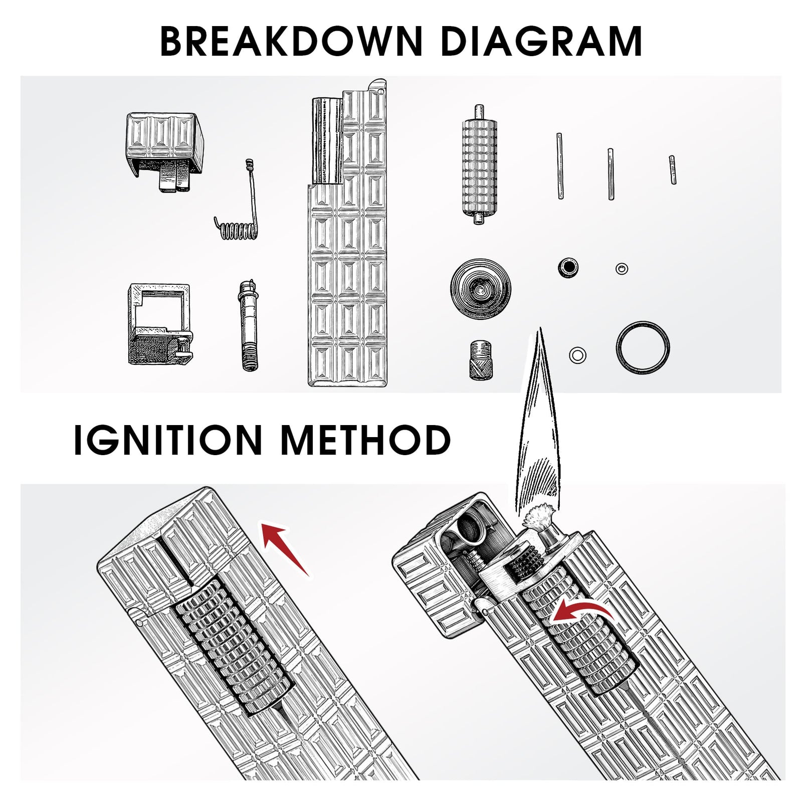 Technical breakdown diagram of the Thorens Side Slip rectangular lighter with geometric block pattern and extended roller, showing internal components and side-slide ignition method.