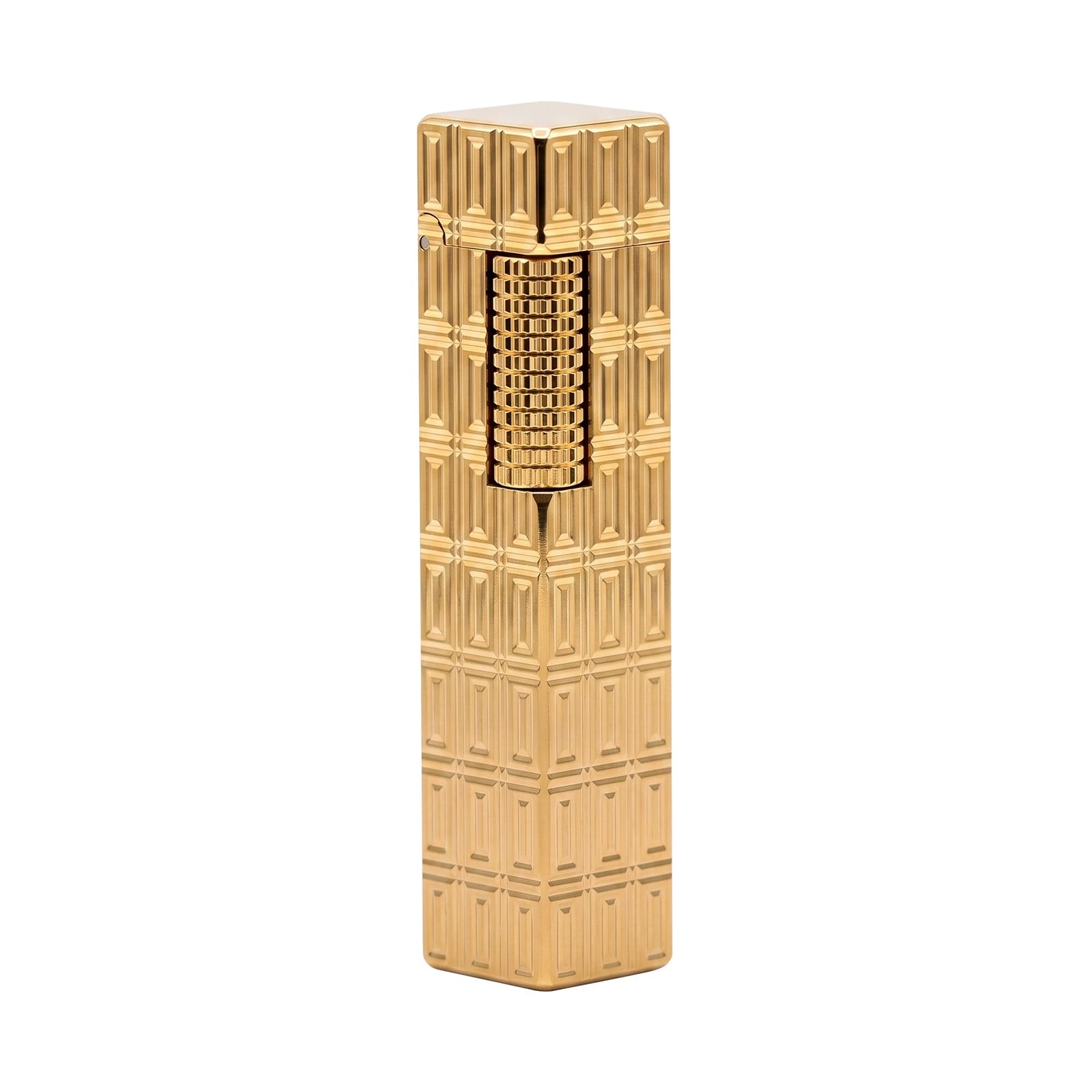 Thorens Side Slip rectangular lighter with geometric block pattern and extended roller in gold finish, shown closed to highlight the engraved surface and integrated ignition wheel.