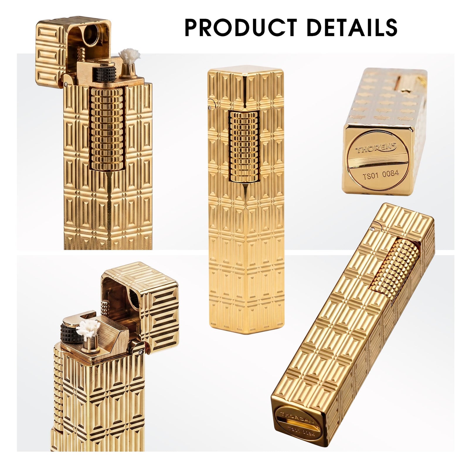 Thorens Side Slip rectangular lighter with geometric block pattern and extended roller in gold finish, shown in multiple views to highlight the open mechanism, engraved texture, and base detail.