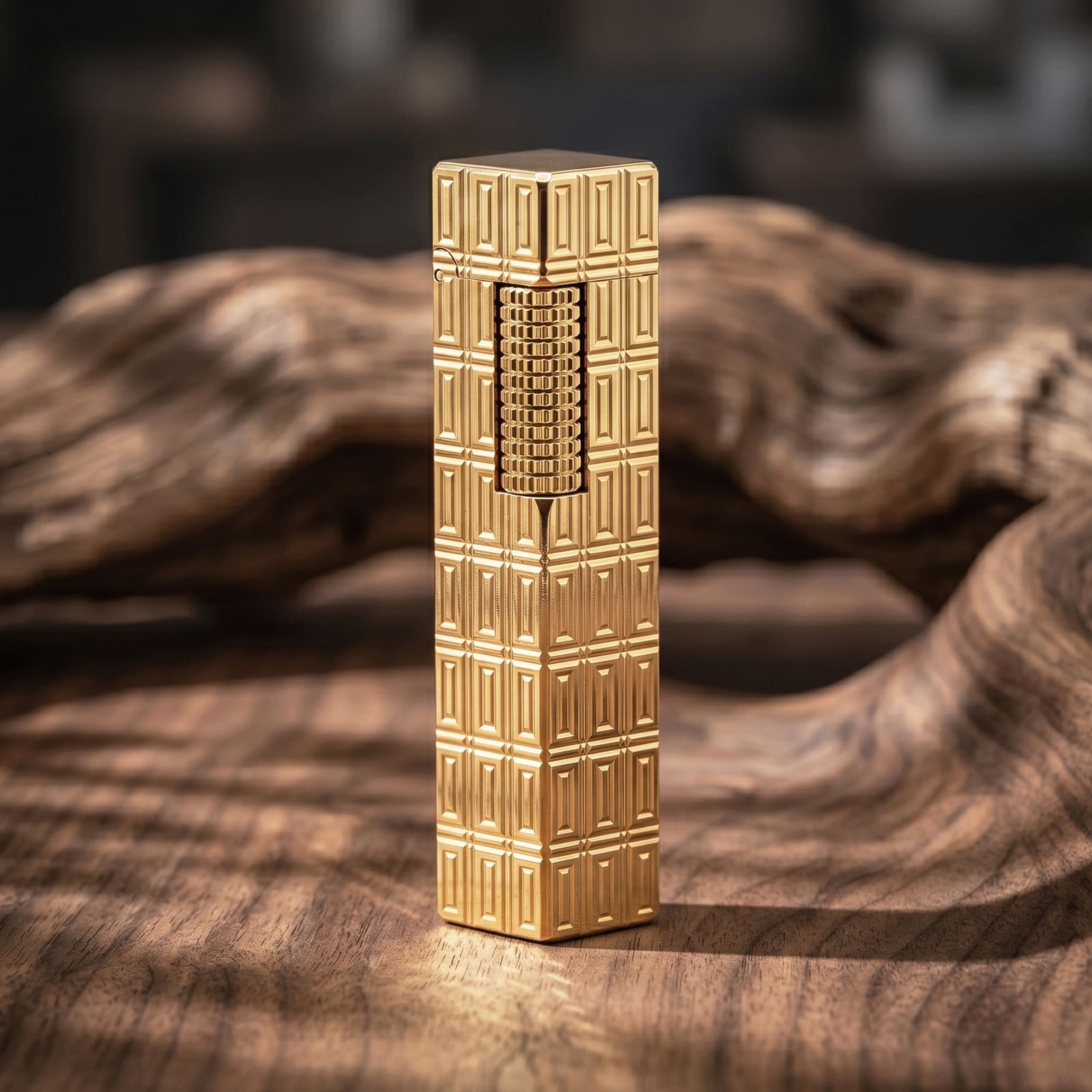Thorens Side Slip rectangular lighter with geometric block pattern and extended roller in gold finish, standing upright on a wood surface with the engraved texture clearly visible.