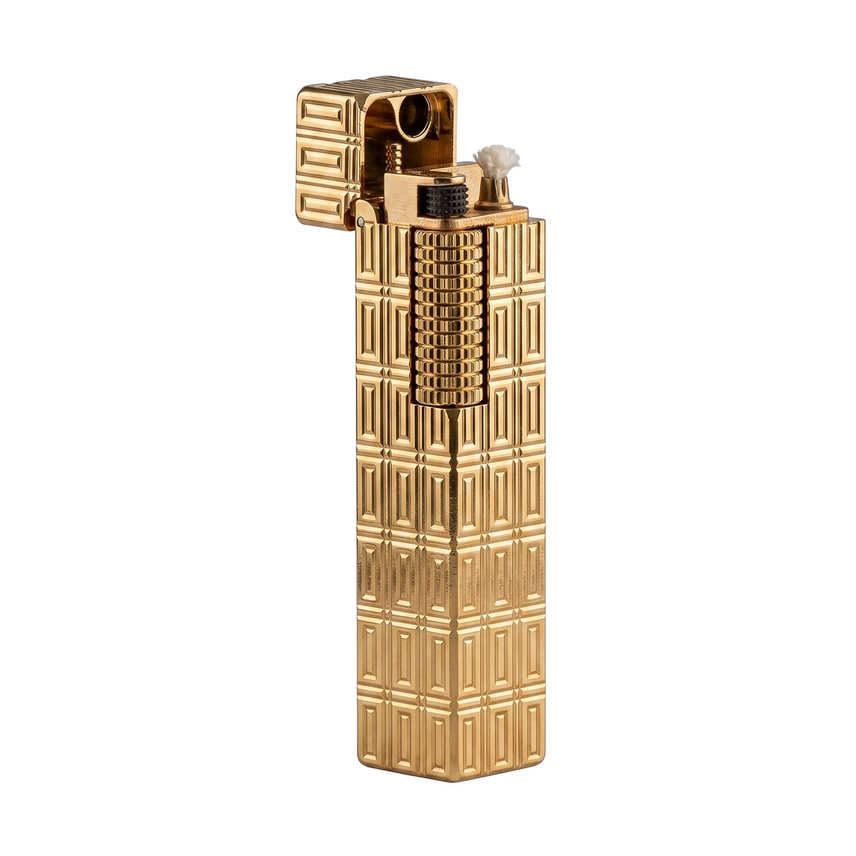 Thorens Side Slip rectangular lighter with geometric block pattern and extended roller in gold finish, shown open to reveal the wick, flint wheel, and internal ignition structure.