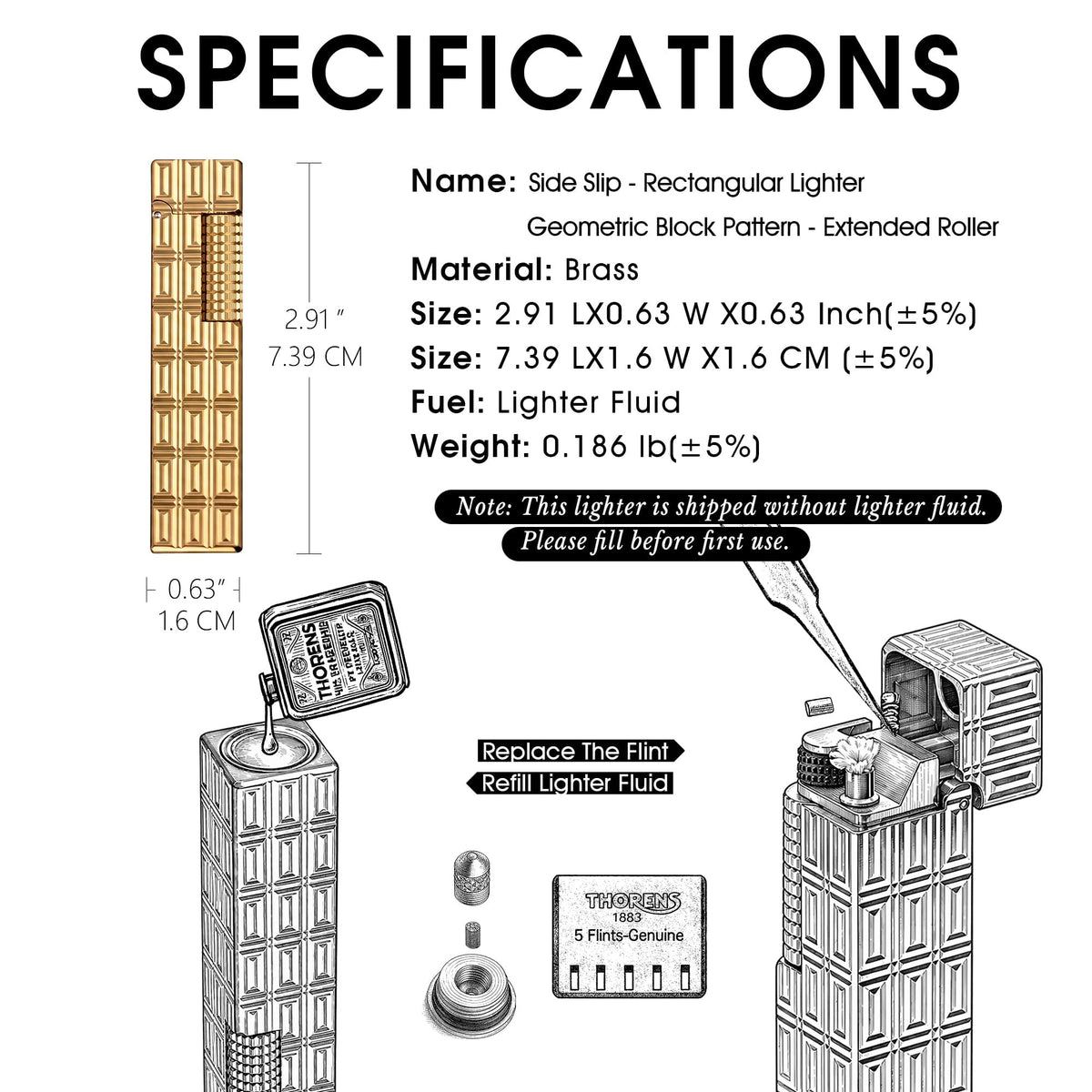 Specification and maintenance guide for the Thorens Side Slip rectangular lighter with geometric block pattern and extended roller, showing size details, fluid refill method, and flint replacement steps.