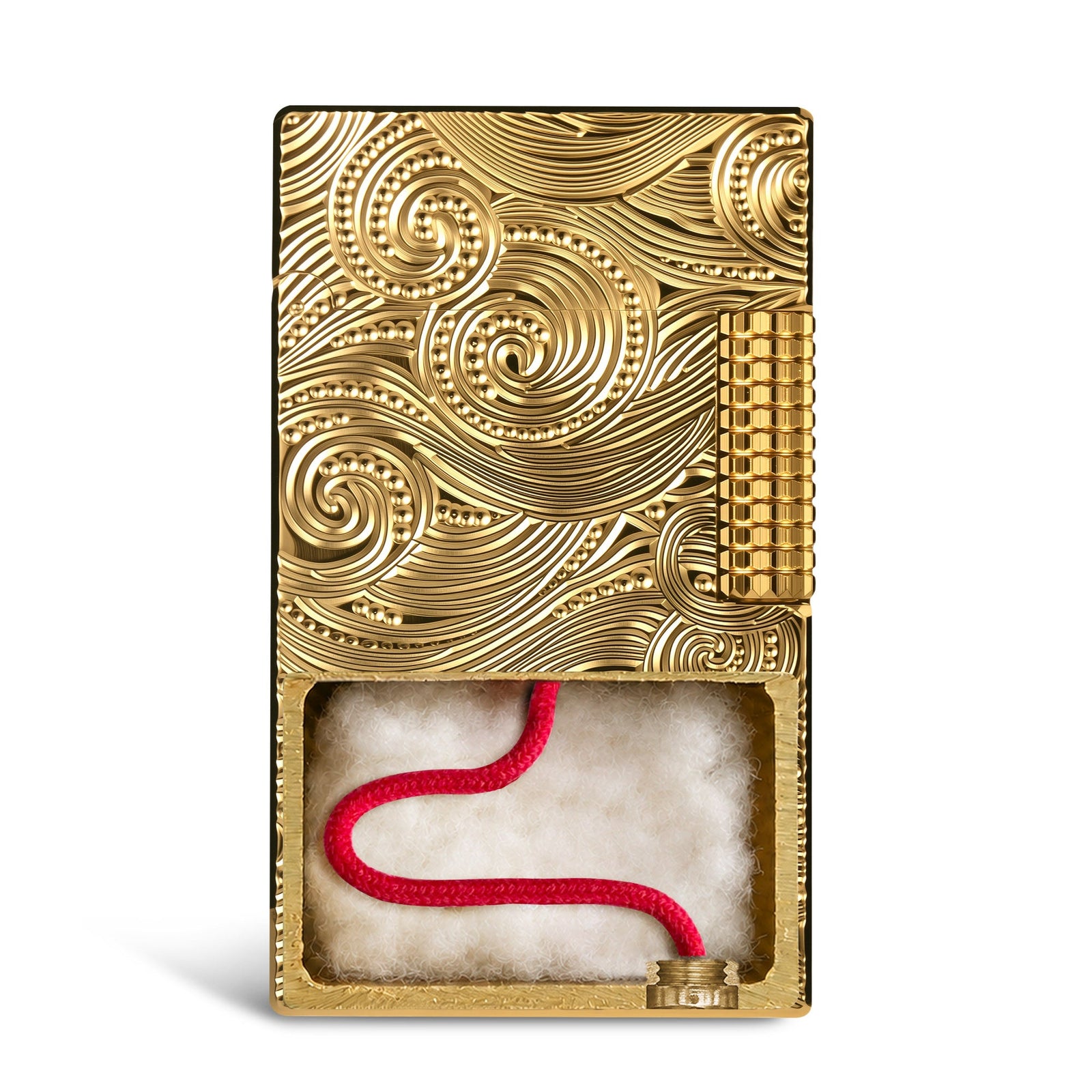 A studio product shot of the Thorens Side Slip lighter in gold, featuring an intricate Vortex engraved pattern and premium brass construction. The lid is flipped open to showcase the precision mechanical flint wheel and internal components, reflecting a refined EDC aesthetic.