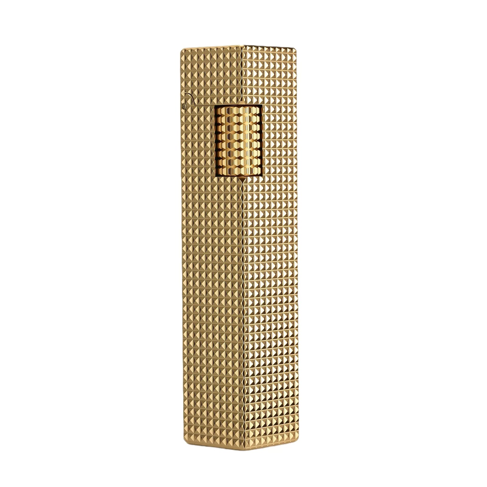 A slender Thorens side-slip rectangular lighter in a polished gold finish, featuring a full-body diamond-cut small square texture.