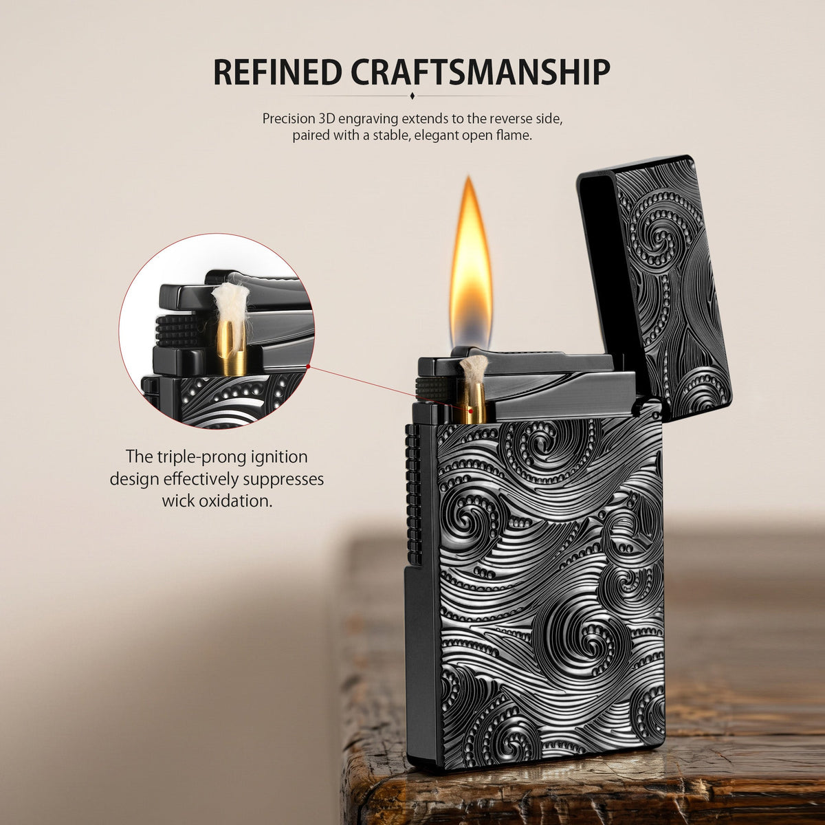 A professional lifestyle shot of the black Thorens Side Slip lighter with a deep Vortex engraved texture, standing upright on a dark slate surface. The background features a glass of whiskey and a cigar humidor, emphasizing its heritage appeal and premium EDC collectible status.