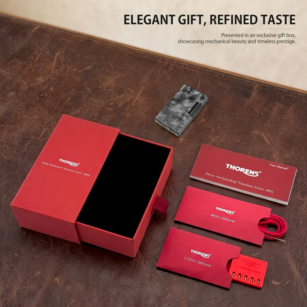 A comprehensive product list view of the Thorens Side Slip lighter in black Vortex engraved finish, including a premium red branded gift box, a user manual, a replacement wick, and a 5-piece flint pack, highlighting a complete collectible set for heritage lighter enthusiasts.