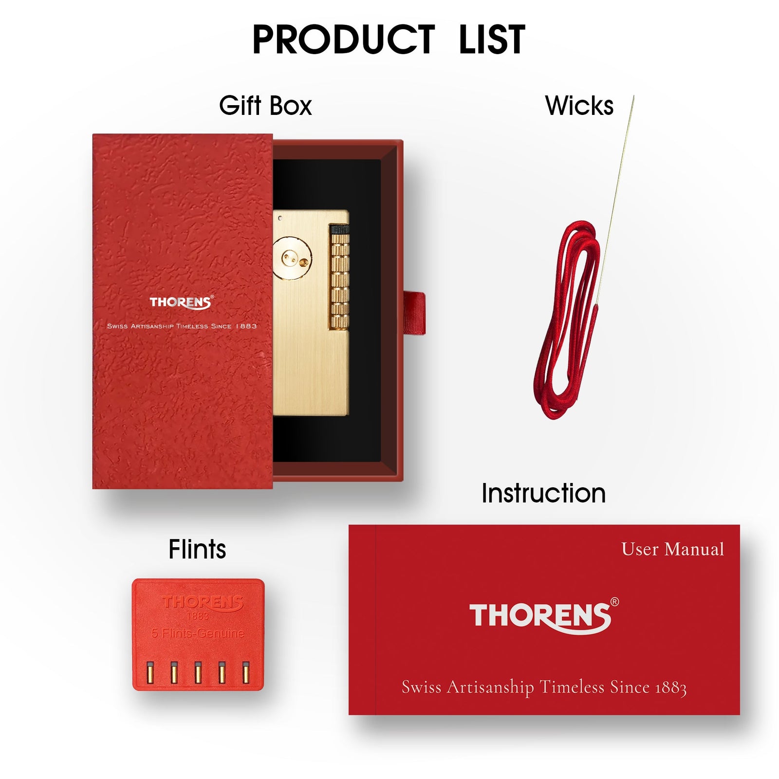 A complete Thorens Side Slip lighter product list featuring the glossy brass lighter in a premium red gift box, accompanied by replacement wicks, a pack of flints, and the official user manual.