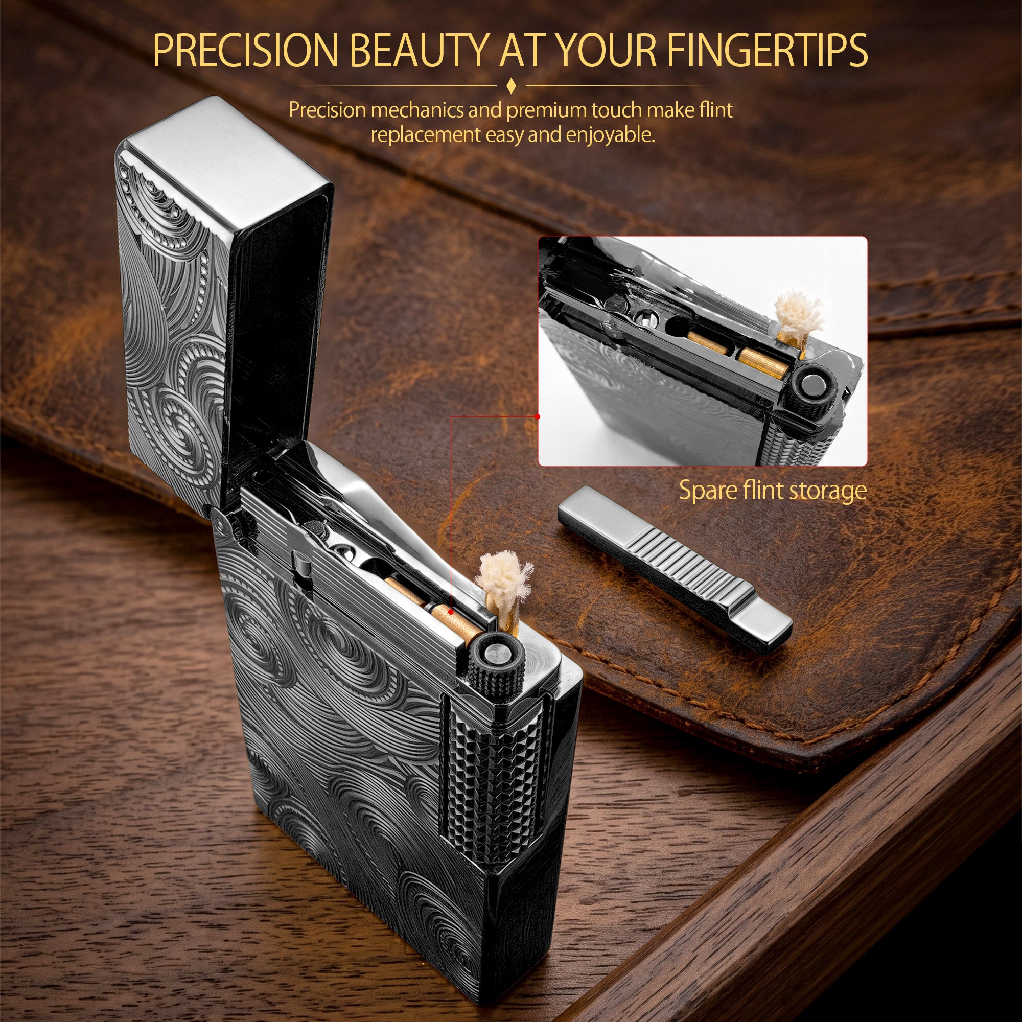 エクセレント　NEW ゴージャス　20本 Side slip lighter, vortex engraved Swiss mechanical classic, gift