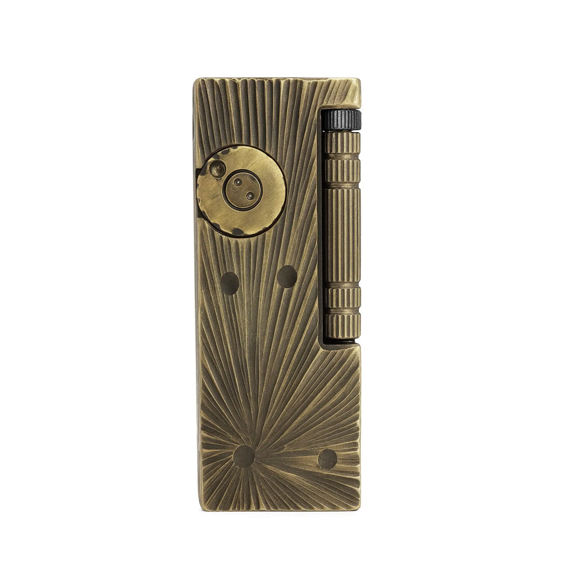 A Thorens Side Slip lighter with a vintage brass finish, featuring a textured meteorite crater engraving and a vertical roller ignition, isolated on a clean white background.