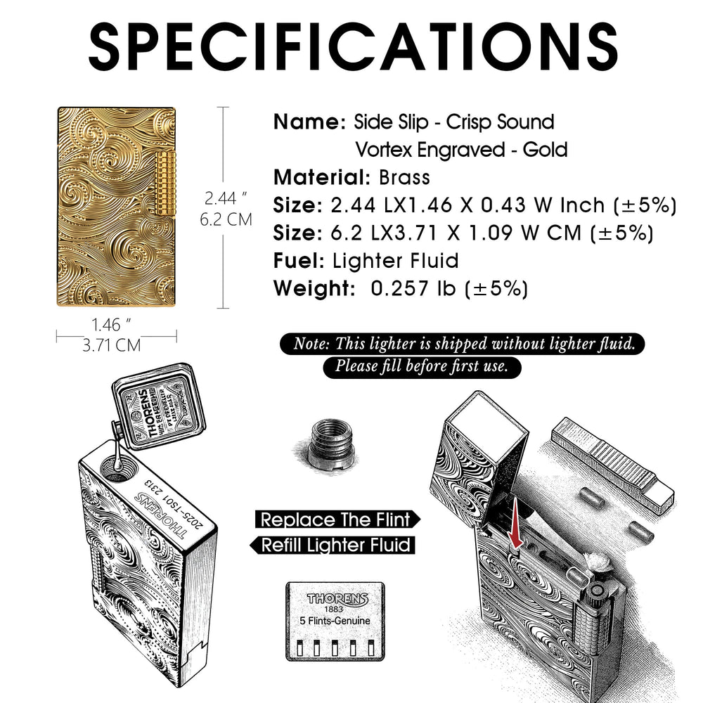 Product specifications diagram and 2D top view of the brass Thorens Side Slip lighter featuring an engraved Vortex pattern in gold, with dimensions of 2.44 inches and 1.46 inches indicated, alongside technical data details on fuel, weight, and a note about first-time use, showcasing precise engineering for collectibles.
