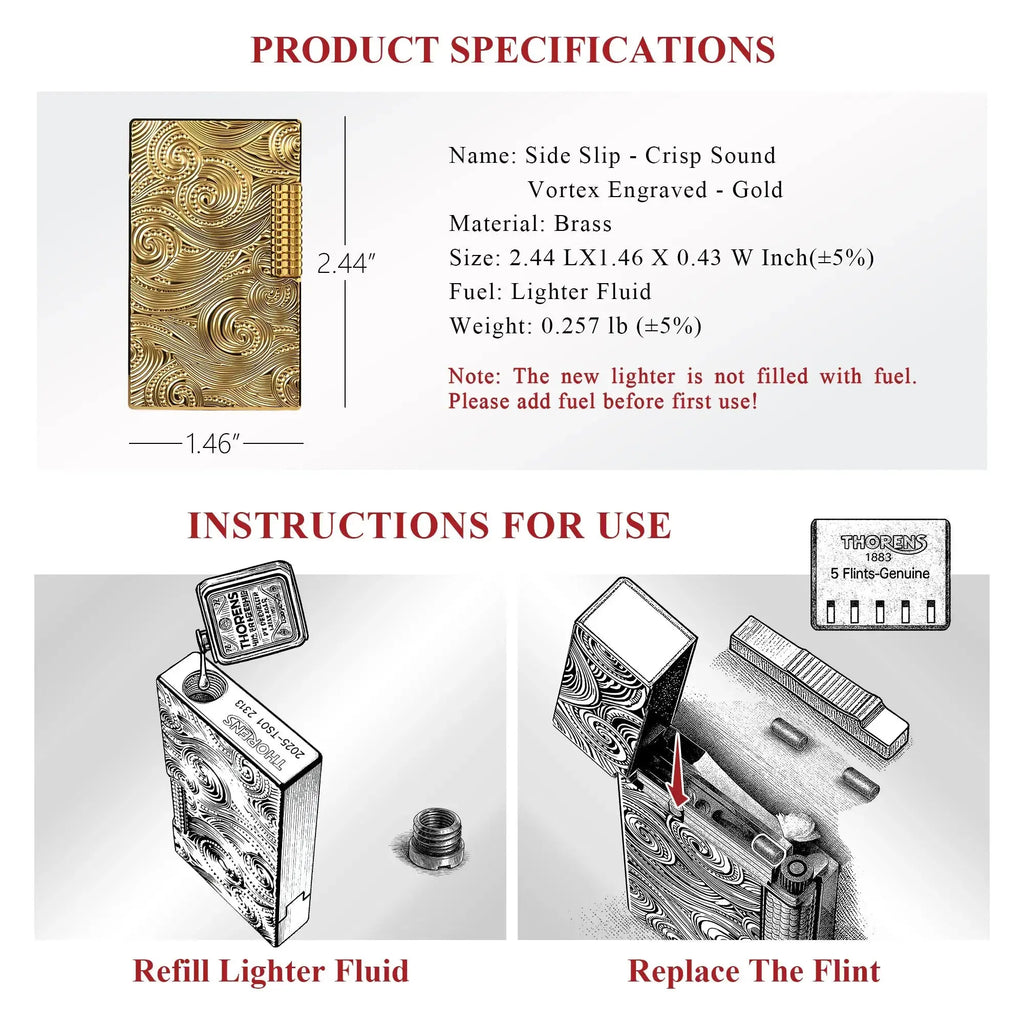 Product specifications diagram and 2D top view of the brass Thorens Side Slip lighter featuring an engraved Vortex pattern in gold, with dimensions of 2.44 inches and 1.46 inches indicated, alongside technical data details on fuel, weight, and a note about first-time use, showcasing precise engineering for collectibles.
