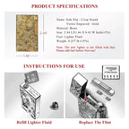 Product specifications diagram and 2D top view of the brass Thorens Side Slip lighter featuring an engraved Vortex pattern in gold, with dimensions of 2.44 inches and 1.46 inches indicated, alongside technical data details on fuel, weight, and a note about first-time use, showcasing precise engineering for collectibles.