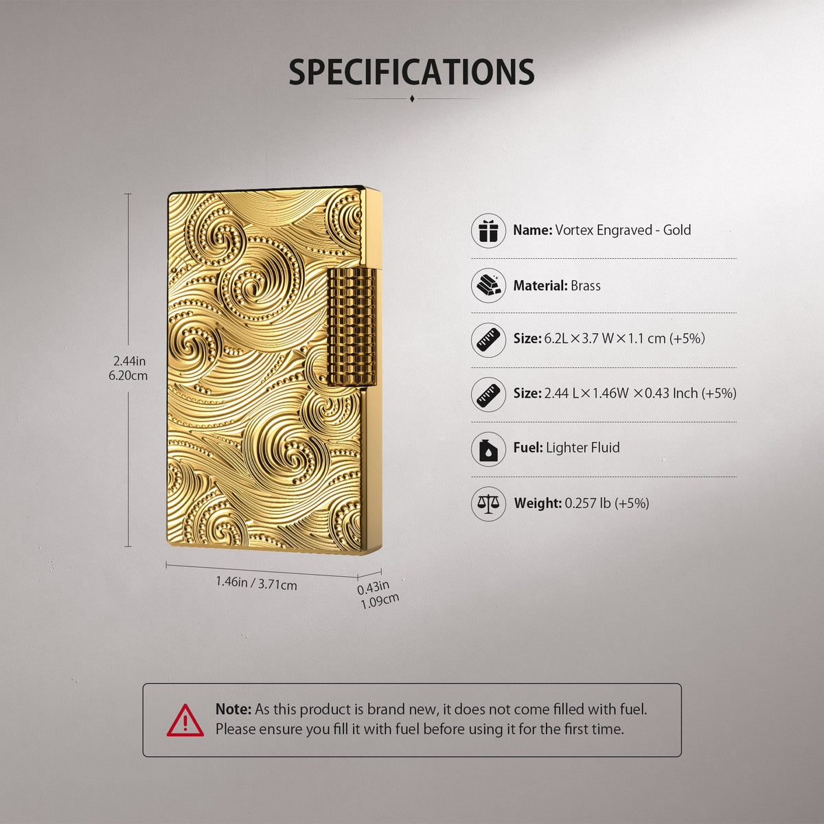 Product specifications diagram and 2D top view of the brass Thorens Side Slip lighter featuring an engraved Vortex pattern in gold, with dimensions of 2.44 inches and 1.46 inches indicated, alongside technical data details on fuel, weight, and a note about first-time use, showcasing precise engineering for collectibles.