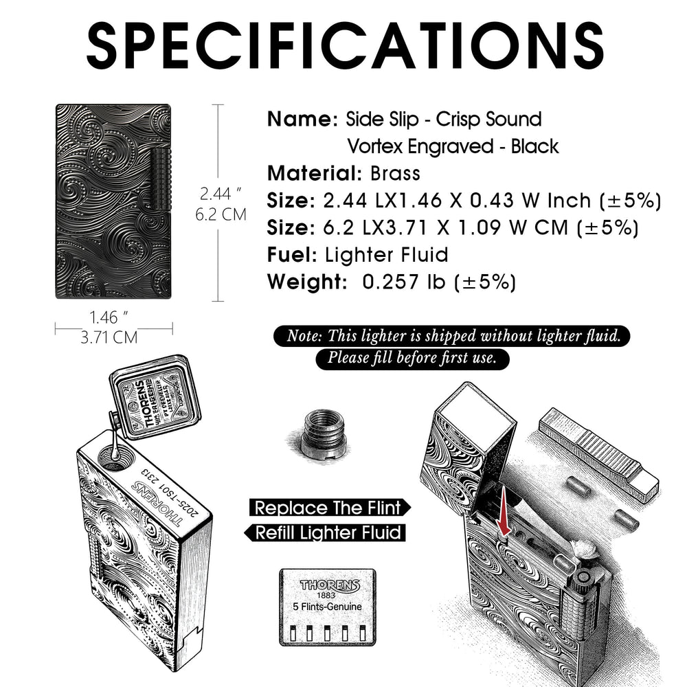 A technical infographic for the Thorens Side Slip lighter in black Vortex engraved brass, displaying product dimensions, weight, and fuel type. The lower section provides illustrated step-by-step instructions for refilling lighter fluid and replacing the flint, emphasizing mechanical precision and ease of maintenance for collectors.