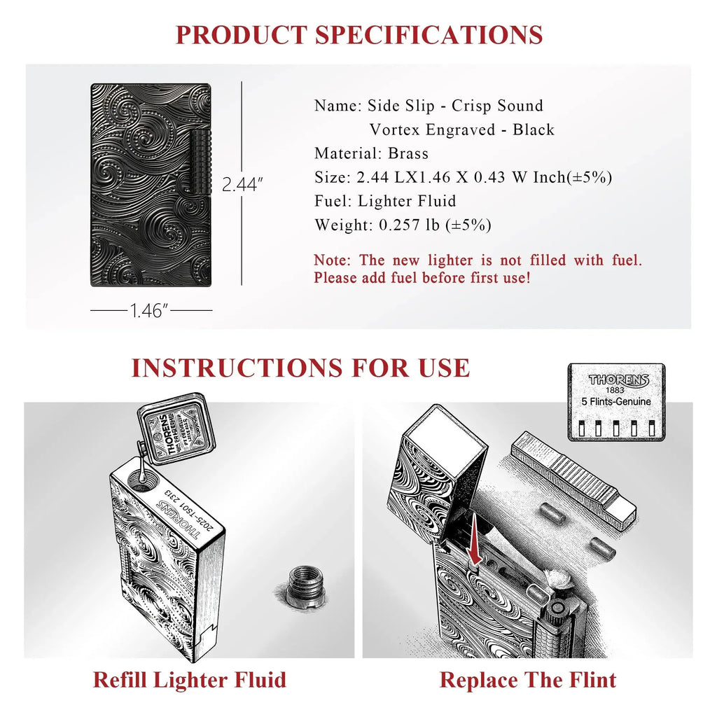 A technical infographic for the Thorens Side Slip lighter in black Vortex engraved brass, displaying product dimensions, weight, and fuel type. The lower section provides illustrated step-by-step instructions for refilling lighter fluid and replacing the flint, emphasizing mechanical precision and ease of maintenance for collectors.