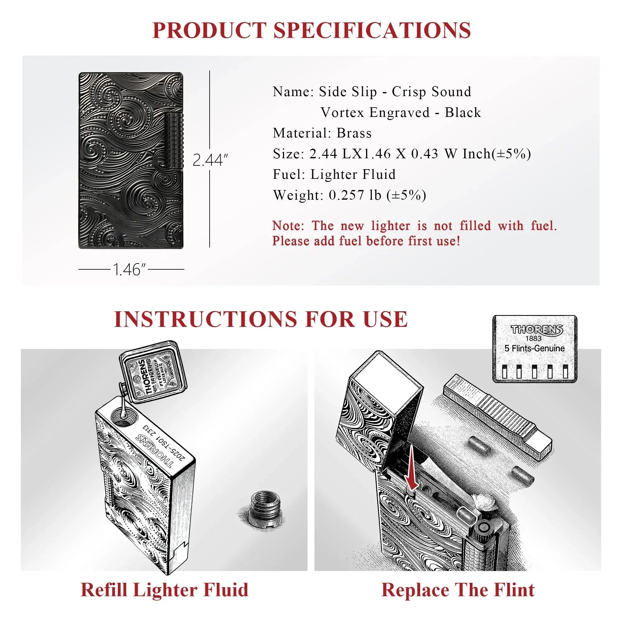 A technical infographic for the Thorens Side Slip lighter in black Vortex engraved brass, displaying product dimensions, weight, and fuel type. The lower section provides illustrated step-by-step instructions for refilling lighter fluid and replacing the flint, emphasizing mechanical precision and ease of maintenance for collectors.