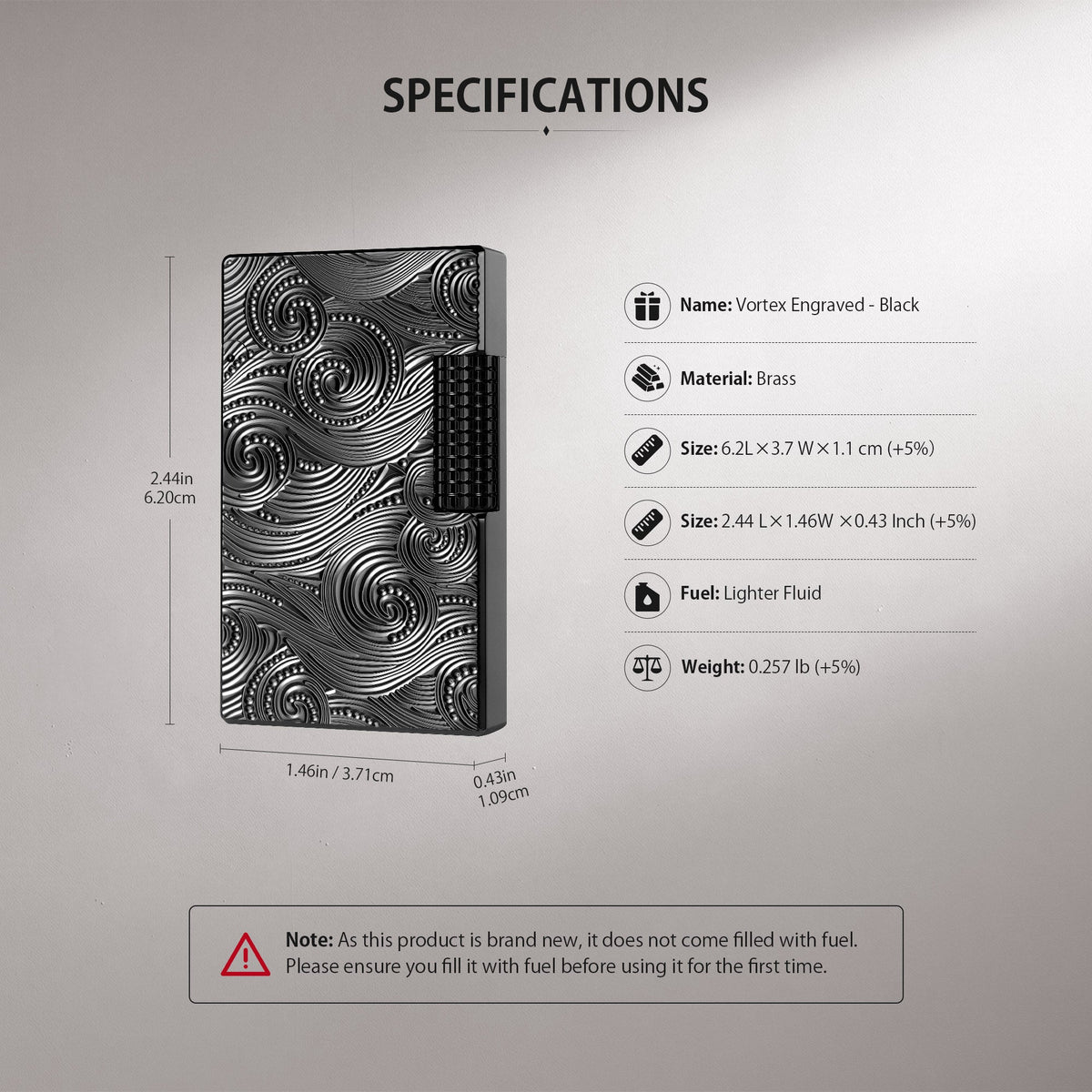 A technical infographic for the Thorens Side Slip lighter in black Vortex engraved brass, displaying product dimensions, weight, and fuel type. The lower section provides illustrated step-by-step instructions for refilling lighter fluid and replacing the flint, emphasizing mechanical precision and ease of maintenance for collectors.