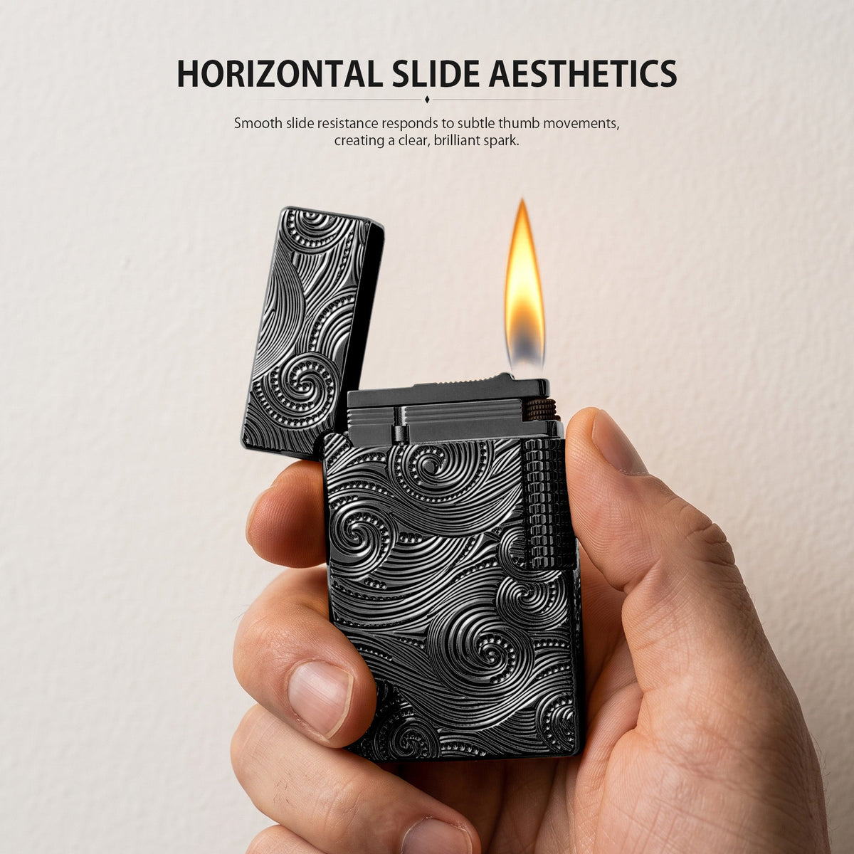 A premium Thorens Side Slip lighter featuring the black Vortex engraved pattern, standing open with a tall, stable flame. The atmospheric background with a glass of scotch and a cigar emphasizes its refined mechanical precision, heritage brass craftsmanship, and sophisticated EDC aesthetic.