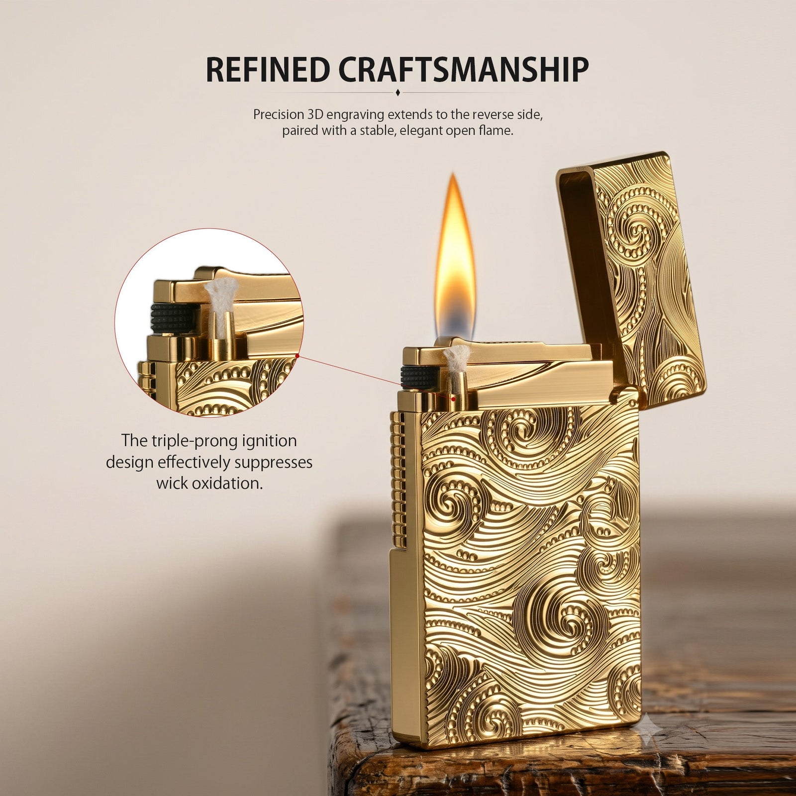 A premium gold Thorens Side Slip lighter with an intricate Vortex engraved pattern, shown standing open with a steady flame against a refined study backdrop, highlighting its heritage brass craftsmanship and collectible aesthetic.