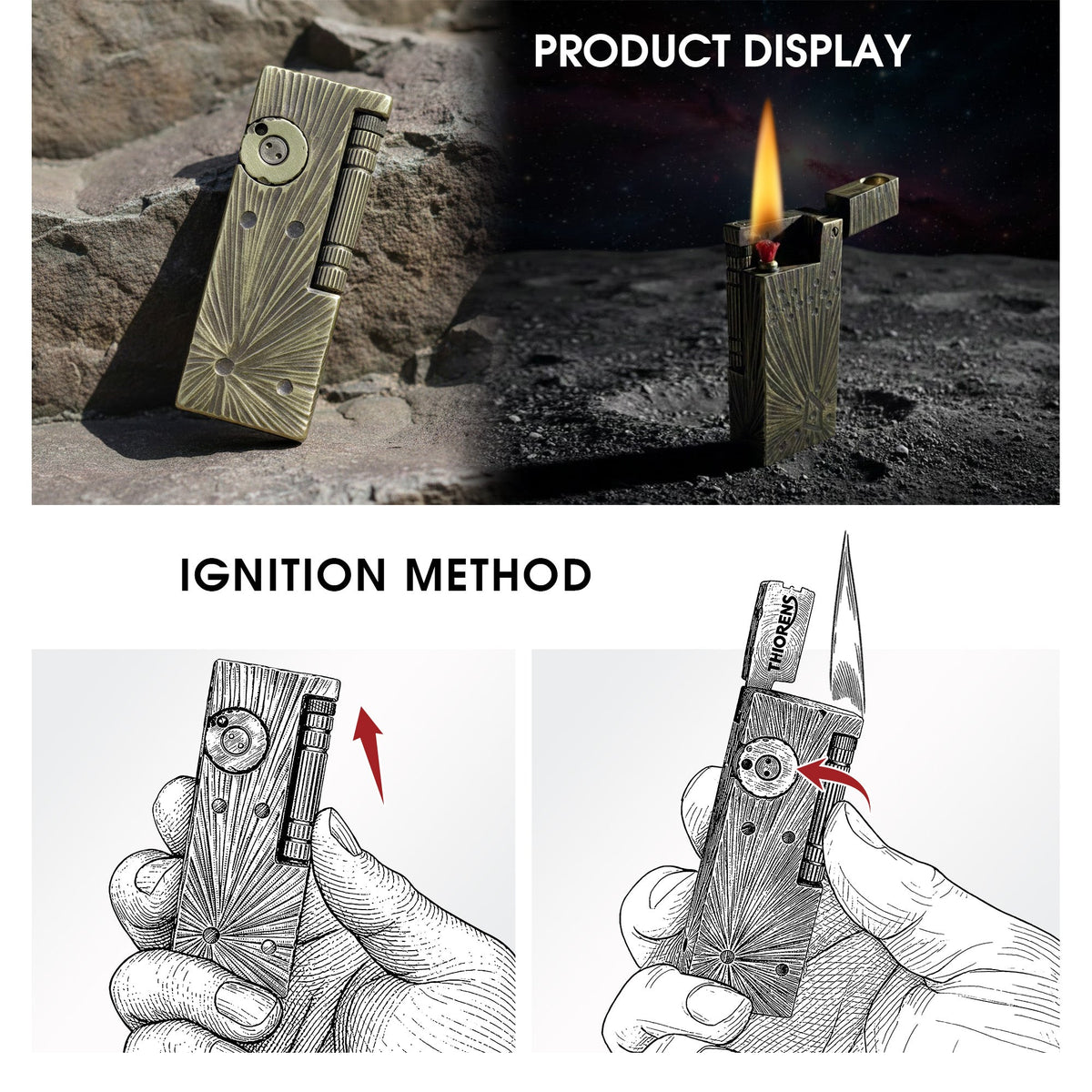 A comprehensive product display of the Thorens Side Slip Meteorite Crater lighter in antique brass, featuring lifestyle outdoor shots, a celestial flame demonstration, and a technical ignition method diagram.