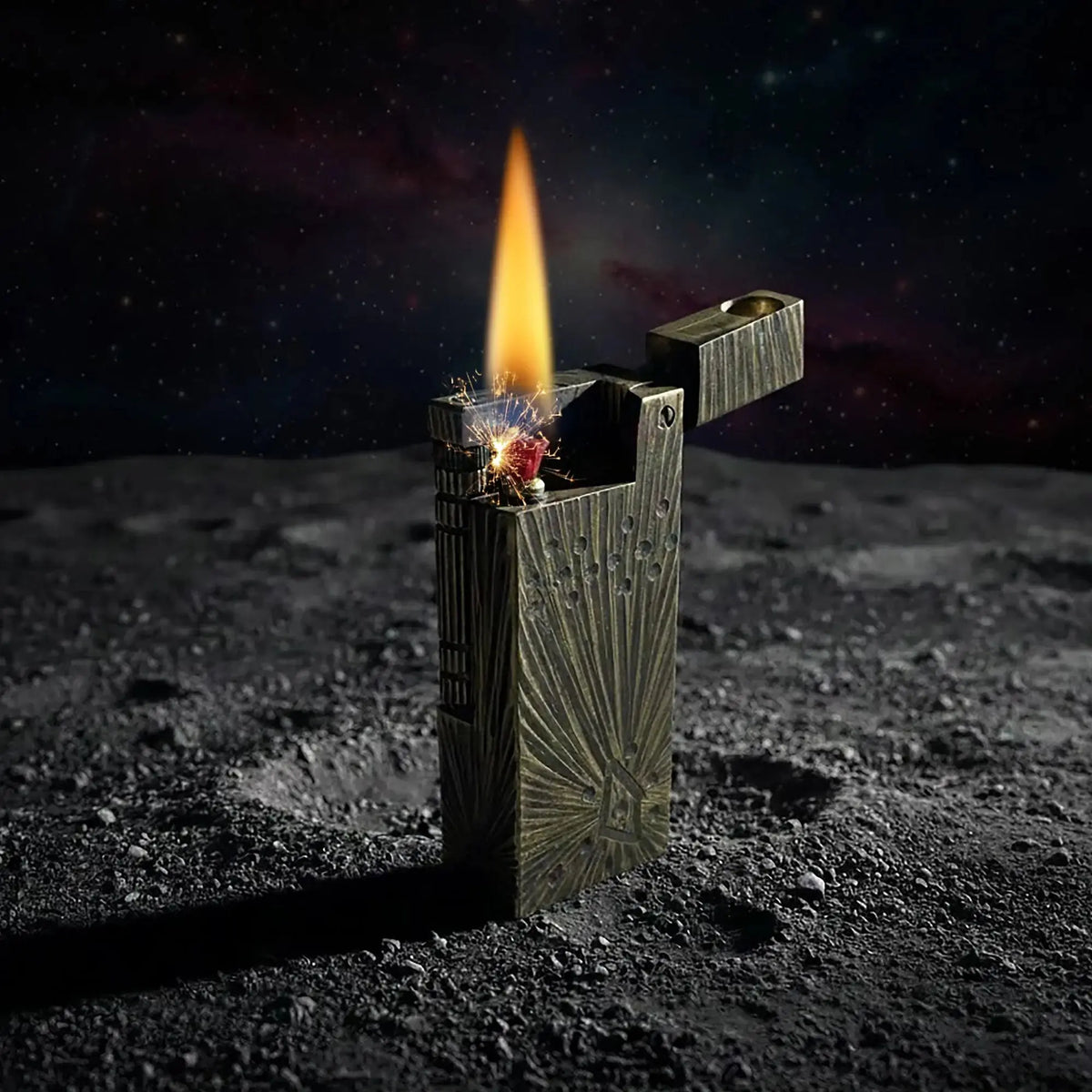 A Thorens Side Slip lighter in the Meteorite Crater antique brass finish, shown ignited against a lunar-themed background to highlight its rugged mechanical reliability and celestial-inspired design.