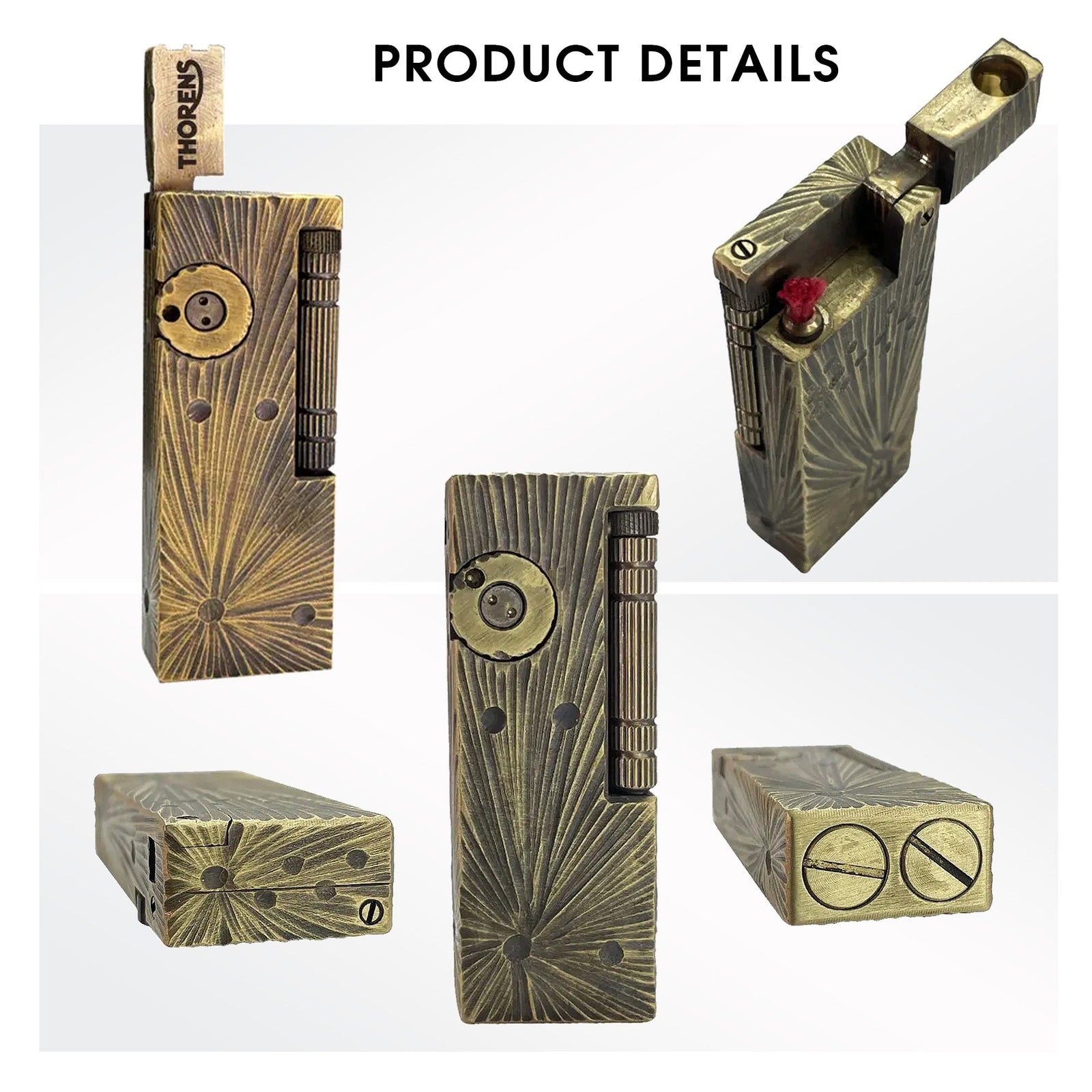 A multi-angle product display of the Thorens Side Slip Meteorite Crater lighter, showing the antique brass texture, the red wick inside the open lid, and the precision fuel screws at the base.