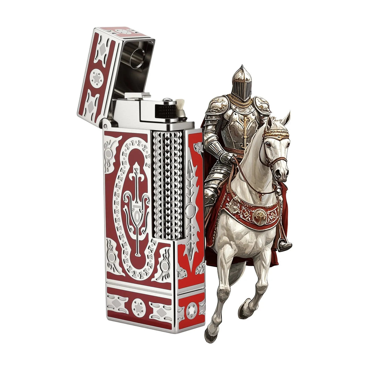 A red Thorens Side Slip narrow lighter with its cap open, standing next to a medieval knight on horseback to emphasize the heritage Holy Grail theme.