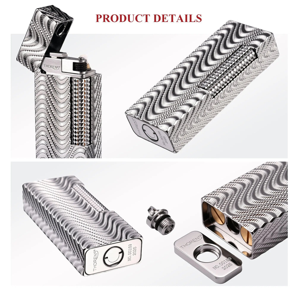 A detailed product collage for the Argent Mirage narrow lighter, highlighting its high-density wave engravings, the serialized baseplate (2025 series), and the modular bottom-loading fuel system.