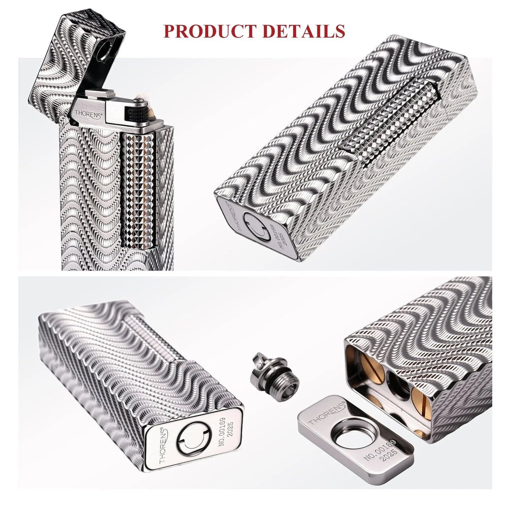 A detailed product collage for the Argent Mirage narrow lighter, highlighting its high-density wave engravings, the serialized baseplate (2025 series), and the modular bottom-loading fuel system.