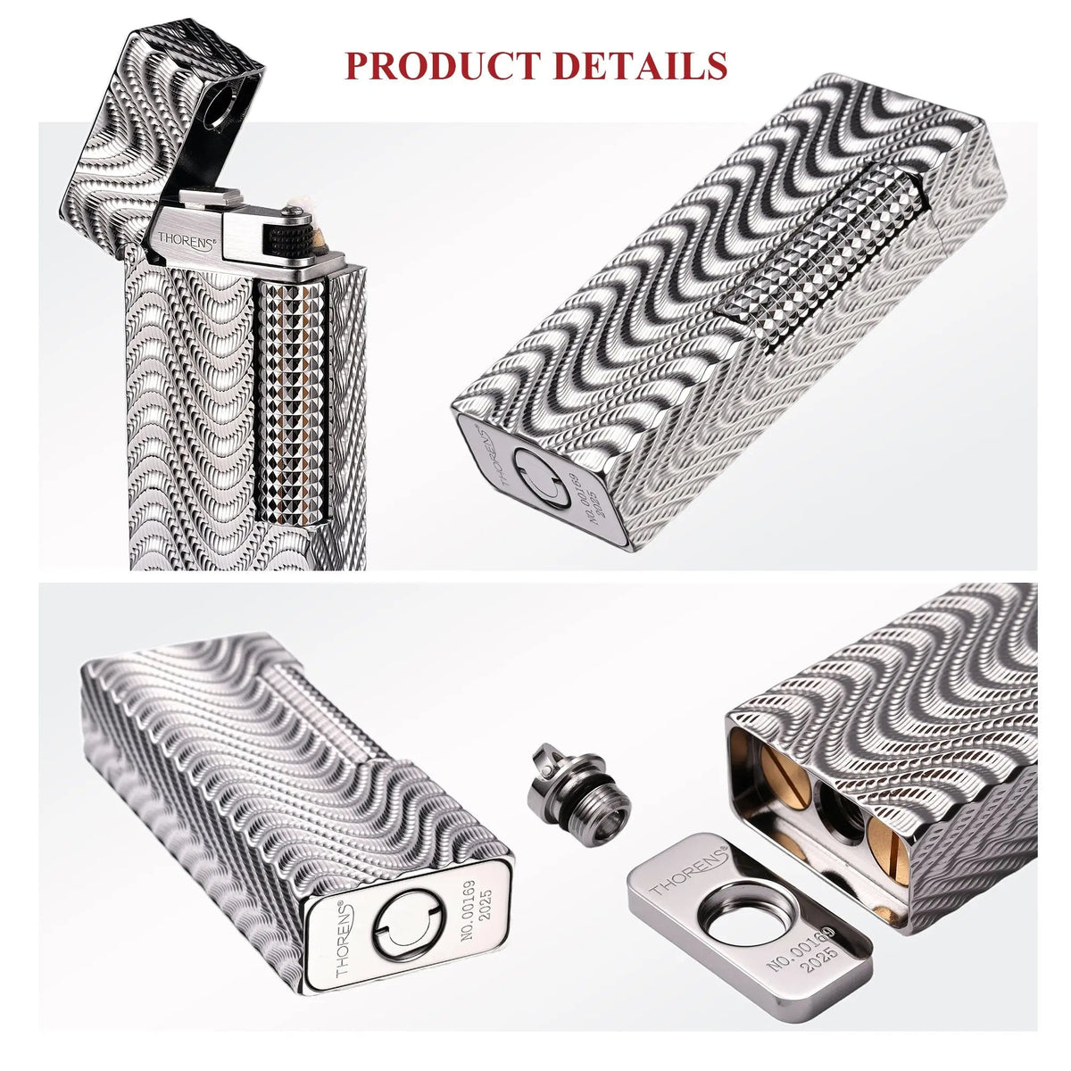 A detailed product collage for the Argent Mirage narrow lighter, highlighting its high-density wave engravings, the serialized baseplate (2025 series), and the modular bottom-loading fuel system.