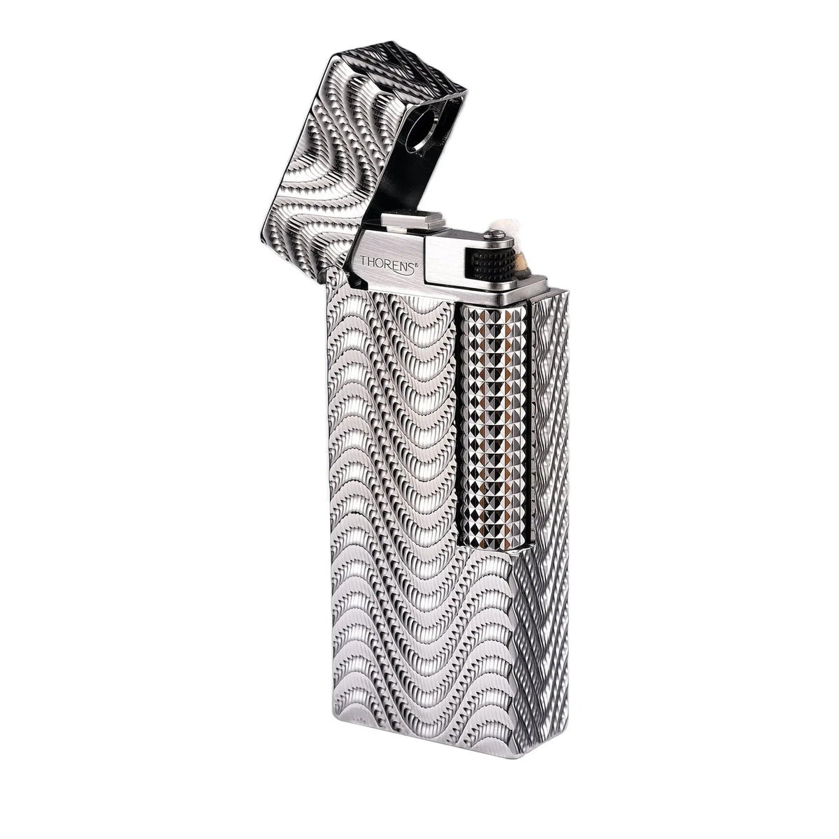 An open Argent Mirage narrow lighter against a white background, featuring a high-density wavy "mirage" texture across its silver body, a polished internal chimney with the Thorens logo, and a diamond-cut ignition roller.