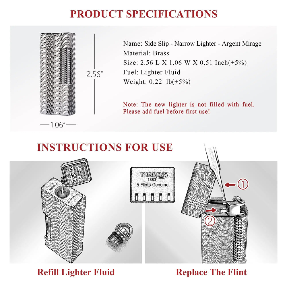 A technical specification sheet for the Argent Mirage narrow lighter, featuring 2.56-inch dimensions and illustrated step-by-step instructions for refilling fluid and replacing the flint.